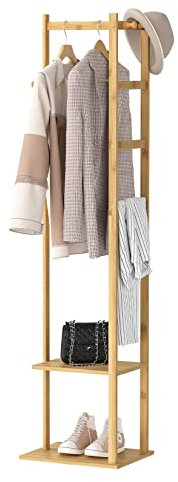 unho Bamboo Clothing Rack, Corner Coat Rack Stand Hall Trees Free Standing Clothes Hanging Rail Garment Rack with 2 Shelves 3 Hanger Hooks and Pants Hanger for Entryway Bedroom Living Room
