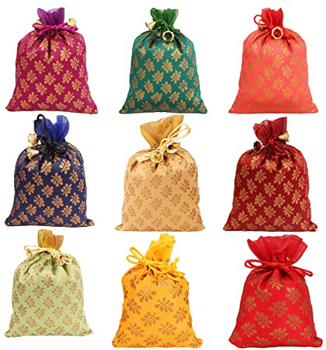 Touchstone Drawstring Bags Traditional Indian Handcrafted in Mimosa leaf Pattern Brocade fabric. Perfect for Gifts Jewelry Weddings Sweet Distribution Set of 9 Vibrant Multicolor Pouches Purses Potli