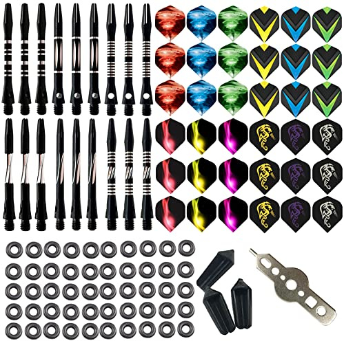 JpGdn 129 st darttillbehörssats dartaxlar (stjälkar) och flygningar set aluminium dartstjälkar dartpilar kastande montering med O-ringar pilnyckel flygskydd för dartspel
