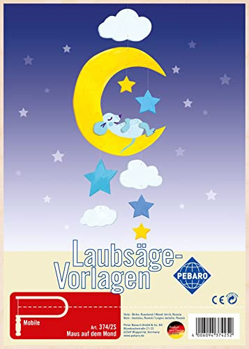 Pebaro 374/2S Laubsägevorlage Mobile Windspiel Maus auf dem Mond, 3mm Sperrholz DIN A 4, Motiv vorgedruckt, aussägen mit Laubsägebogen, basteln, anmalen, fertig, Basteln mit Holz, Geschenkidee