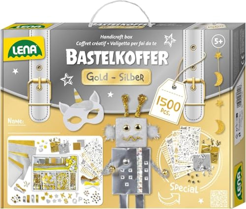 Lena 42666 – Premium pysselväska i guld och silver med 1 500 delar, pysselmaterial med glitterskumgummi, metalliskt papper, pärlor, ädelstenar, bladguld, pompon och mer, för barn från 5 år, medium