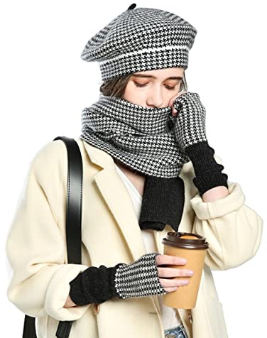 Dajingkj Ensemble bonnet, écharpe, gants pour femme - Béret tendance à carreaux - Mitaines en coton - Ensemble cadeau d'hiver 3 pièces, Noir , taille unique