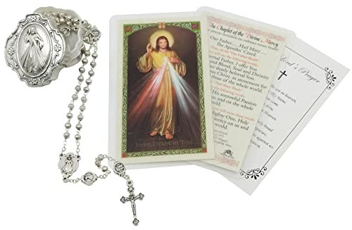 Divine Mercy Chaplet – Göttlicher Barmherzigkeit-Rosenkranz mit silberfarbenen Perlen und Tafelaufsatz,katholisches Rosenkranz-Set mit Metall-Rosenkranzetui, Der Herrn-Gebetskarte,insgesamt 4 Stück