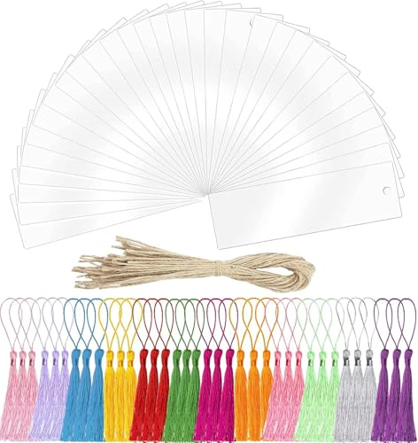 30 Stück Rechteckige Acryl Lesezeichen, BetterJonny Blanko Acryl Lesezeichen Rohling mit 48 Bunten Quaste Leere Craft Lesezeiche Transparente Lesezeiche für DIY Basteln Notizbuch, 5x14cm