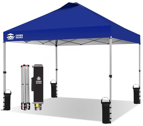 CROWN SHADES 10x10 Pop Up Canopy - Beach Tent with One Push Setup - Easy Outdoor Sun Shade for Events, Parties, Camping - Gazebo with STO-N-Go Cover Bag, Silver Coated Top, Navy Blue