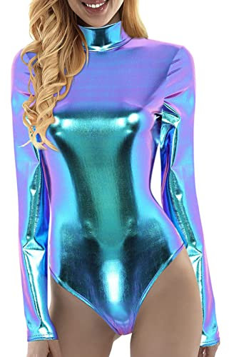 Damen Glänzende Ballettanzug Ballettbody Sport Tanz Body Gymnastikanzug Trikot Langarm Bodysuit Metallic Wetlook Einteiler Turnanzug Leotards Overall Lack Leder Oberteile Tops Kostüm (Blau, XXL)
