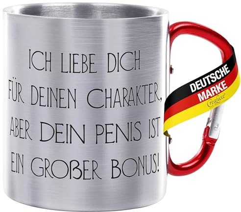 Crealuxe Edelstahltasse mit Karabiner - Ich liebe dich für deinen Charakter aber dein Penis ist ein großer Bonus! - 330ml, Tasse bedruckt, Kaffeetasse, Bürotasse, Metalltasse mit Name