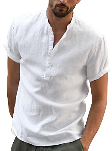 YAOBAOLE Chemise Homme Manche Court Chemises Lin pour Hommes Chemisette Homme Col Mao Casual Tee Shirt Vetement pour Hommes Ete Blanc M
