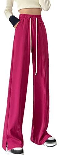 ERFMFKL Pantalones de pierna ancha para mujer, sueltos, rectos, casuales, divididos, fucsia, S