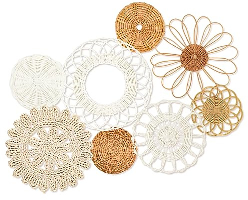 Set di 8 cesti decorativi da appendere alla parete, in rattan, con fiori intrecciati, realizzati a mano, cestini decorativi da parete in rattan, stile bohémien, decorazione artistica per camera da