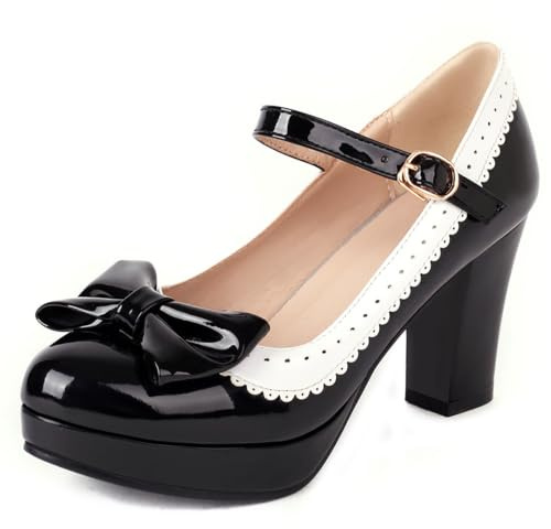 FOREADA Mary Jane Shoes for Women Kawaii Platform High Heels Retro Bow Lolita Shoes Vintage Dress Pumps Black/Red/Yellow
