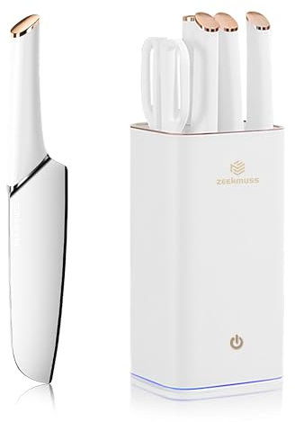 ZEEKMUSS couteaux cuisine avec bloc, 6 Pièces couteaux set en acier inoxydable aiguiseur cuisine ciseaux. Couteaux Bloc garder propre et sec poignée en plastique cuisine maison cadeau (blanc)
