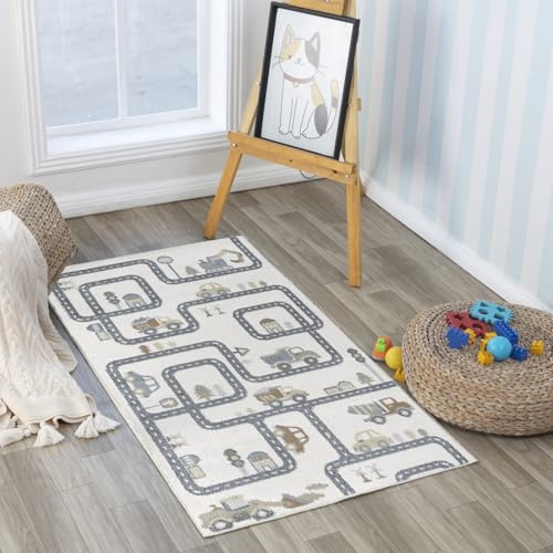 Livabliss Spielmatte Kinder waschbar - Cartoon 80x150 cm, Waschbarer Kinderzimmer oder Babyzimmer, Krabbel oder Spiel - Babymatte für Jungen & Mädchen, Creme