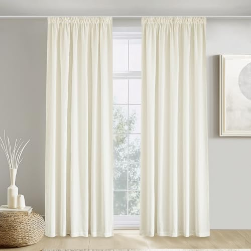 PONY DANCE Leinen Gardinen mit Kräuselband 2er Set Wohnzimmer Vorhänge Halbtransparent H 200 x B 140 cm Vorhang Leinenoptik Boho Gardine Halbtransparent Linen Curtains for Living Room, Elfenbeinweiß