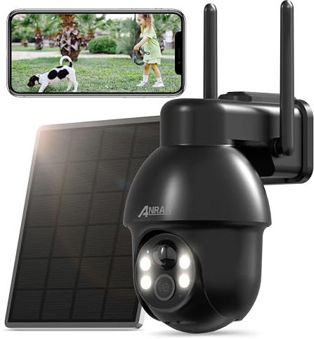 ANRAN 5MP Solar Überwachungskamera Aussen WiFi,3K 360° PTZ Kamera | Überwachung Aussen,Farbnachtsicht, Zwei-Wege-Audio,PIR Bewegungserkennung,Intelligenter Alarm,IP66 Wasserdicht,Alexa