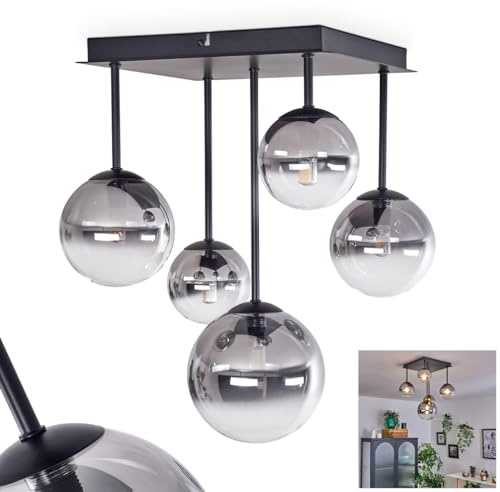 HOFSTEIN Deckenleuchte Chehalis, 5-flammige Deckenlampe aus Metall/Glas in Schwarz/Rauchfarben/Klar, Leuchte im Vintage-Design, Ø Schirme 10; 12; 15 cm, G9, Esszimmer, Schlafzimmer, Wohnzimmer, Küche