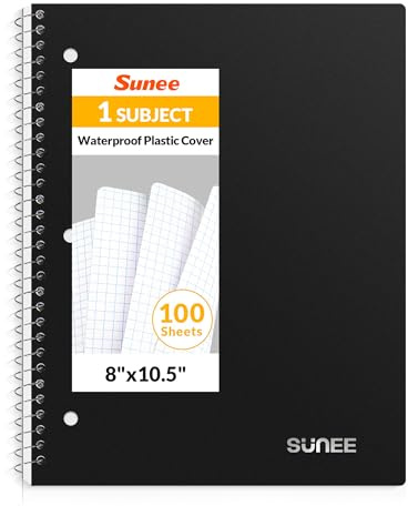SUNEE Spiral Notebook, 1-Subject, Graph Ruled Paper, 8 x 10-1/2, 100 Sheets per Notebook, 3-Hole Punched Paper, Water Resistant Cover, Spiral Grid Notebooks for Work, Home, School, Writing, Black