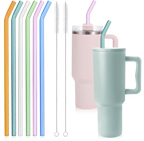 Replacement Glass Straws for Stanley 40 30 oz Tumbler - 12 x 10mm Reusable Glass Straw Shatter Resistant for Simple Modern, 6 Bent Colorful Straws with 2 Cleaning Brushes for Stanley Cup Accessories