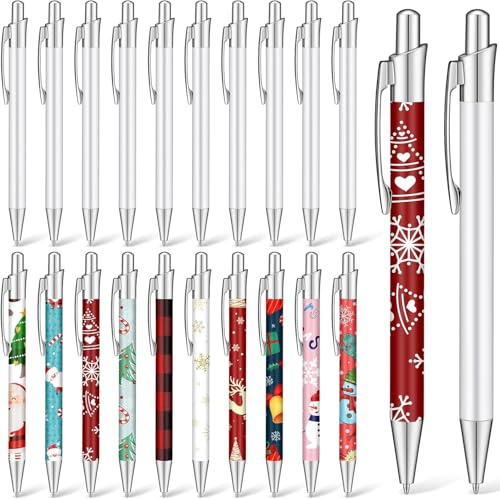LATERN 20 Pièces Stylos à Bille à Sublimation, 14CM Stylo à Transfert Thermique Vierge Stylo à Bille Rétractable Aluminium Clip avec 20 Films Rétractables pour Bureau École Papeterie Noël Fournitures