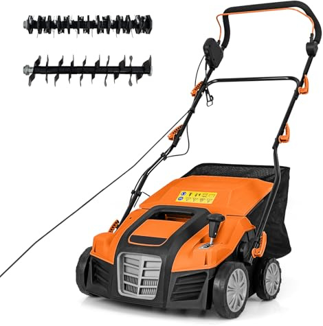 GOPLUS 2 en 1 Déchaumeuse Scarificateur Electrique 2000W, Largeur de Travail 40cm, 3500rpm, 5 Profondeurs Réglable, 3 Hauteurs Poignée, Sac 55L Amovible, Râteau Electrique Pliable Pelouse 800㎡(Orange)