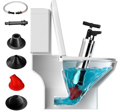Qcesorib Desatascador Émbolo de Inodoro de Alta Presión, Desatascador Tuberias a Presion Desatascador Tuberias Profesional con Manómetro Visual, 4 Cabezales Intercambiables, Rojo