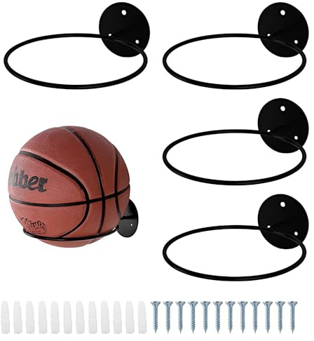 HTRTRR 4 Pezzi Porta Palloni da Muro, Supporto Palloni Basket Muro in Metallo, Staffa Muro per Pallacanestro, Calcio, Pallavolo, Rugby, Espositore Palloni con 12 Viti