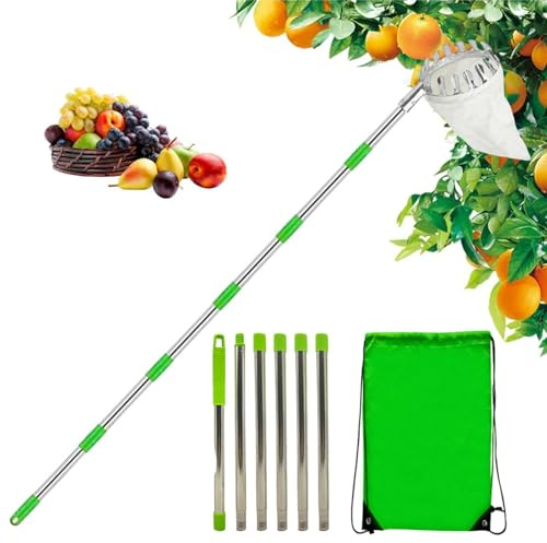 Cueille Fruit Telescopique 4 Metre, Cueilleur De Fruits Amovible, Ramasse Pomme Réglable Inoxydable Cueille Pommes, Avec Poteau Réglable Léger Et Sac De Rangement De Fruits, Outil Cueillette Jardin