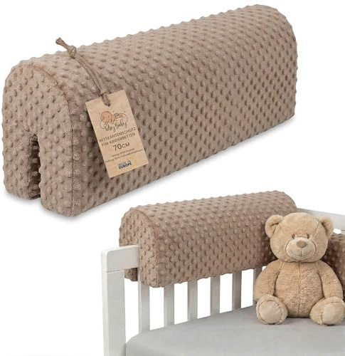 Bettkantenschutz für Kinderbetten Minky 70 cm - Schutz für Bettrahmen Baby Bett rausfallschutz für boxspringbett bettgitter mit Minky Bezug Kantenschutz Kinder Babybett Oeko-Tex Beige