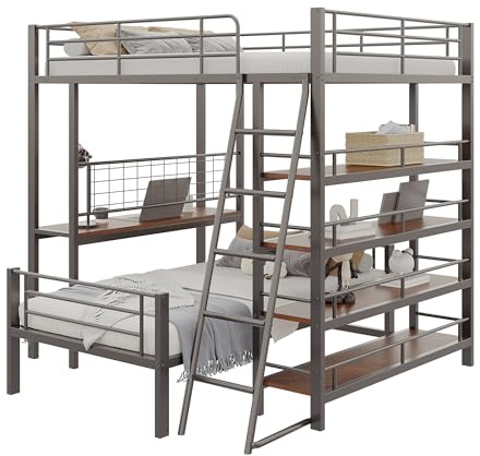 Azkoeesy Metall Etagenbett 140x200 + 90x200 cm, mit Schreibtisch + 4 Bücherregalen + schräger Leiter, mobiles Einzelbett, Familienbett, Jugendbett, Schwarz