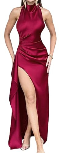 fdsmallDamen Satin Maxi Kleid Seite Schlitz Ärmellos Bodycon Langes Kleid Hochzeitsgast Elegante Cocktail Sommer Midi Kleider (DE/NL/SE/PL, Alphanumerisch, S, Regular, Regular, Rotwein)