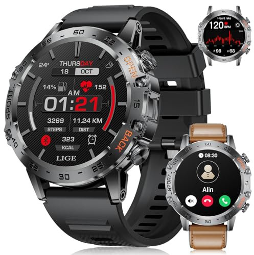 LIGE Montre Connectée Homme avec 1.45'' Amoled Écran/530mAh Batterie,Montre Fitness avec 120+ Modes Sportifs, Moniteur de Fréquence Cardiaque,Sommeil,IP68 Étanche pour Android iOS,Silicone/Cuir