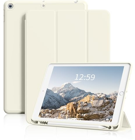 SZPSGC Hülle für iPad 9./8./7. Gen (2021/2020/2019) 10.2 Zoll, Creme Weiße | Mit Stifthalter, Auto Wachen/Schlafen, Trifold Ständer, Stoßfeste, Weiche TPU Rückabdeckung