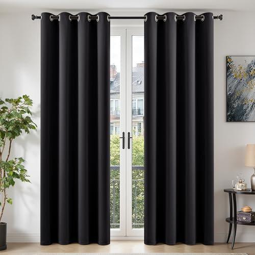 TOPICK Vorhänge Gardinen Verdunklungsvorhänge H245xB140 2er Set Schwarz | Vorhänge Blickdicht Schlafzimmer Gardinen mit Ösen Wohnzimmer Fensterdekoration Übergardinen blackout Curtains Türvorhang