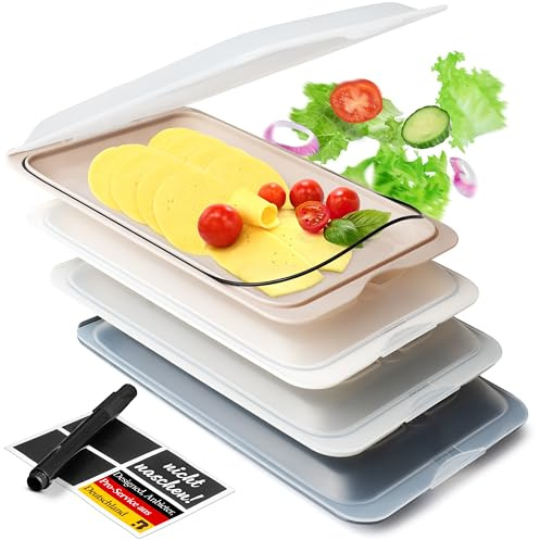 BUNDHEIM® Aufschnittboxen für Kühlschrank 4er Set | Aufschnittbox stapelbar ideal zur Wurst Aufbewahrung Kühlschrank | Frischhaltedosen mit Deckel inkl. Kreidestift und 4 Tafel-Etiketten (monochrom)