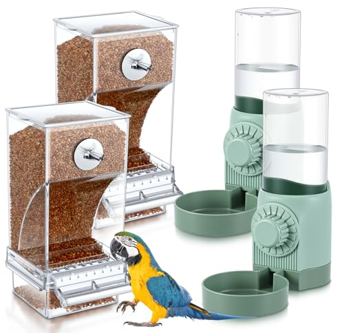 Jingmore 4 Pcs No Mess Small Bird Feeder Parakeet Water Dispenser Set Automatic Clear Parakeet Feeder Acrylic Watered Cage Accessories for Canary Budgie Lovebirds Finches(Green)