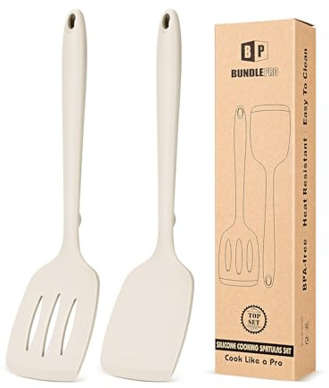 Pack of 2 Silicone Spatula Turners, Non Stick Slotted Kitchen Spatula Set, Heat Resistant BPA Free Kitchen Utensils, One-Piece Design, Suitable for Flipping Fish, Eggs, Steak, Pancakes(KHAKI)