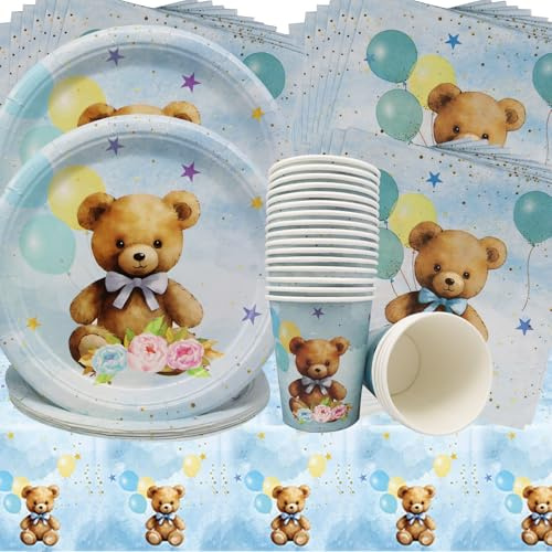 Stoviglie per Feste Orsetto,61Pcs Set da Tavola per Feste a Tema Bambola Orso,Bears Compleanno Decorazioni Piatti,Tovaglioli,Bicchieri di Carta per Baby Shower Compleanni,Birthday Party Set