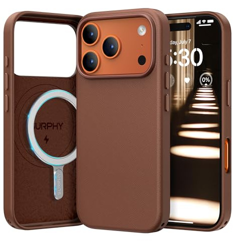 SURPHY für iPhone 17 Pro Leder Hülle für MagSafe 6,3 mit Metallknopf, Hochwertiges Kunstleder Handyhülle iPhone 17 Pro Case für Alles Magnetische Zubehör, Braun