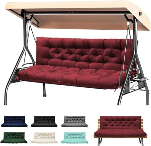 joomie 2-3 Seater Thick Garden Bench Cushion, Waterproof Patio Swing Cushion with Backrest, Outdoor Sun Lounger Sofa Swing Hammock Porch Pad Mat with Ties Straps for Canopy Furniture(Red, 150x100cm)