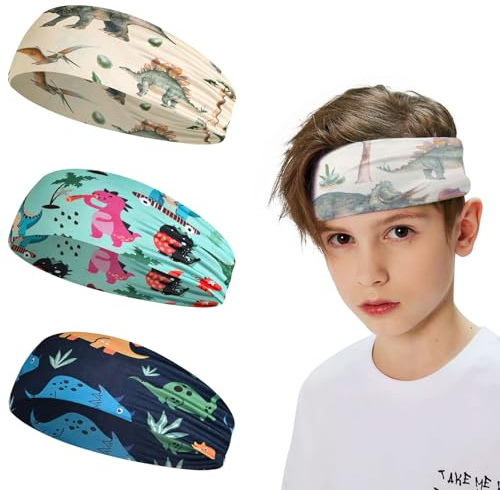 Haarband Jungs Kinder, 3er-Pack Atmungsaktive Stirnbänder mit Dino-Motiven, Schweißabsorbierend & Extra Weich für Fußball, Sport, Schule & Kindergarten