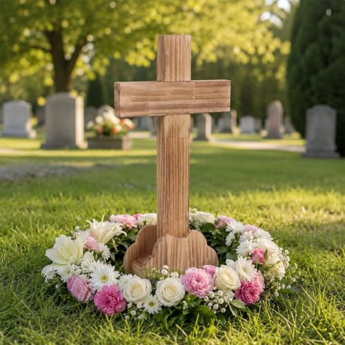 Cruz de madera con base, 53 x 30 cm, cruz maciza con vetas de madera quemadas, cruz decorativa de mesa, crucifijo moderno, apto para Pascua, Navidad, meditación, bautismo religioso, puristas
