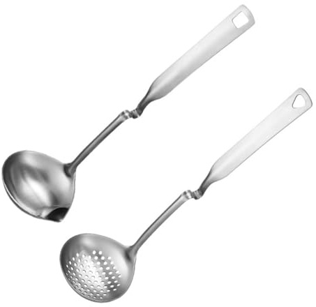 HIAKDOFT Louche à Soupe Inox avec Débordement Manche Long Incurvé pour Suspension Passoire Fine pour Cuisson et Filtrage Ustensile de Cuisine Pratique Lot