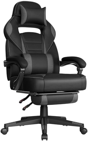 SONGMICS Sedia Gaming, Sedia Ufficio con Poggiapiedi Poggiatesta e Cuscino Lombare, Regolabile in Altezza, Poltrona Ergonomica, Portata 150 kg, Nero Inchiostro e Grigio Ardesia OBG073BH20