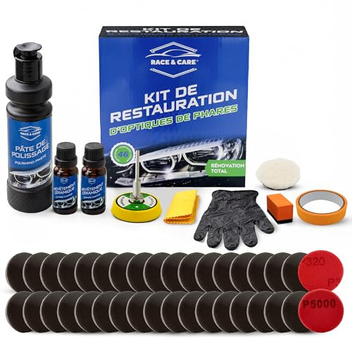 RACE & CARE Kit Rénovation Phare Voiture – 46 Accessoires, Revêtement Céramique, Polissage Optique Complet, Disques 50 mm, Utilisation Manuelle ou Perceuse, Jusqu'à 2 Véhicules