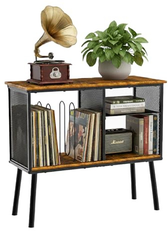 Kryntex Record Player Stand with Adjustable Divider, Vinyl Storage Cabinet Holds up to 200 Records, Mid-Century Turntable Stand with Metal Frame, Vinyl Record Holder Table for Living Room or Bedroom