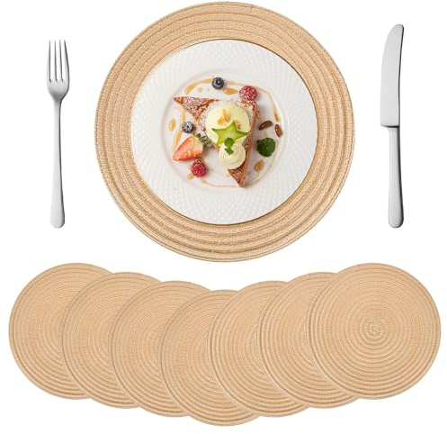 YYTECH 8er Set Runde Platzsets, 30CM Tischset Rund, Platzdeckchen Rund, Tischsets Platzsets Abwaschbar Beige Geflochten, rutschfest, Abwischbar für Esstisch, Hochzeit, Fest, Küche, Dekor