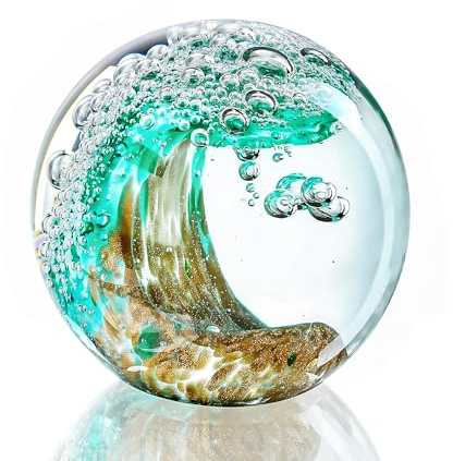 H&D HYALINE & DORA 2.3 Inch Hand Blown Crystal Ball Ocean Waves Glass Ball Paperweight Aquarium Office Decorative Balls Ocean Lovers Gifts(Green)