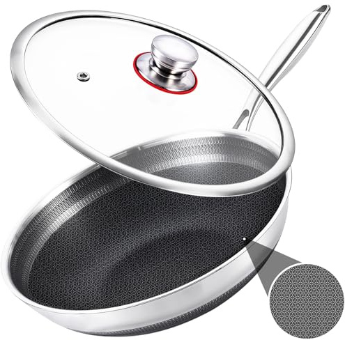 LOLYKITCH 13 Inch Hybrid Nonstick Wok with Lid, Double-Sided Honeycomb Stainless Steel Wok Pan, Long Handle, Induction Compatible, Oven & Dishwasher Safe