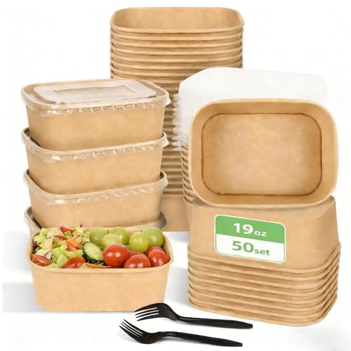 50 Pack Disposable Meal Prep Containers, 19oz Leak Proof Disposable Large Paper Bowls with Lids and Forks for Salad, Soup, Noodles, Microwavable and Freezer Storage Use Cardboard Food Containers