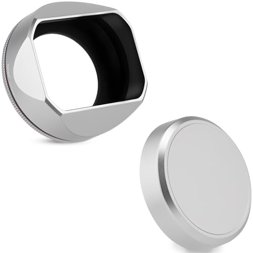 Haoge Metall Squaret Objektivblende for Fujifilm XF23mm F2.8 on XE5 Kamera Body kit XF27mmF2.8 R WR Objektive 39mm Schraubbar Hood Silver,with Metallldeckel